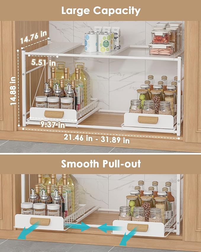 REALINN Extendable Under Sink Organizer, 2 Tier Expandable Under Cabinet Organizer Shelf with Height Adjustable, Retractable Cabinet Storage, White