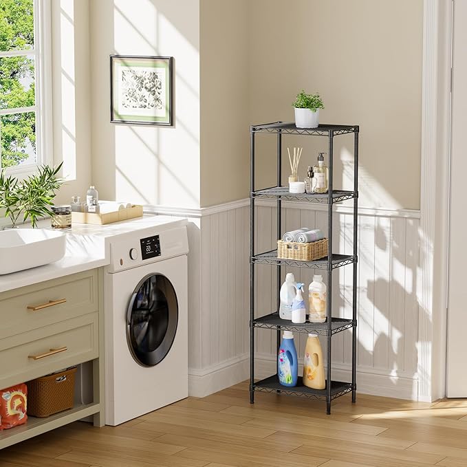SINGAYE Metal Shelves Wire Shelving：Storage Rack Standing Units Shelf for Kitchen Laundry Bathroom Closet Organizers Pantry Narrow Mesh Adjustable 10" D x 16" W x 55" H Black | Shelf, Adjustable, Rack, for Kitchen, for Closet, for Laundry