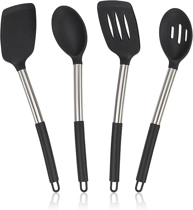 4 Pack Silicone Utensils Set, Non Stick Solid Spatulas, Heat Resistant Blue Slotted Spoons with Stainless Steel Handle, BPA Free Cooking Turner for Stir-Fry, Frying, Mixing, Serving,Draining,Turning