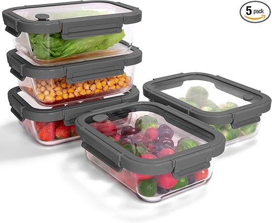 BOROHOUSE 5-Pack Borosilicate Glass Containers with Tempered Lids, 35.2oz/4.4 Cup Airtight Meal Prep Set, Microwave/Freezer Safe (Gray)