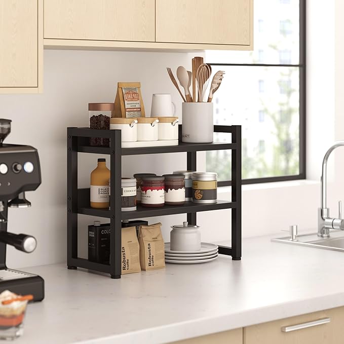 KOPEAYA Kitchen Countertop Shelf Organizer, 3 Tier Large Kitchen Storage Spice Rack Cabinet Organizer with Metal Leg for Countertop Pantry, Coffee Bar Organizer, Bathroom Countertop Organizer, Black