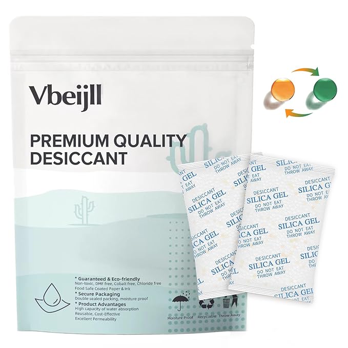 5 Gram (50 Pack) Color-Indicating Silica Gel Packets, Premium Food Grade Desiccant - Rechargeable Moisture Absorbers for Food Storage, Electronics, 3D Filament & Safes