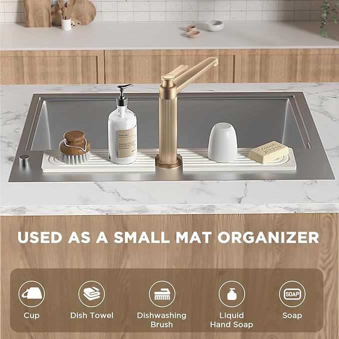 Faucet Mat for Kitchen Sink, Diatomite Stone Drying Sink Protectors, Bathroom Faucet Splash Guard, Quick Dry Water Absorbing, Non-Slip Stone Tray for Kitchen Counter, White, 23.6" x 3.9"