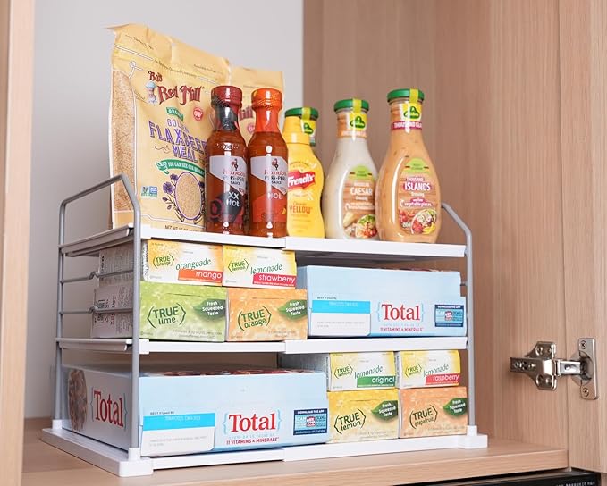EVERIE Extendable 3-Tier Holder for Heavy Items, Jars, Bottles, Cans, Plastic Bags, Wrap, Foil, Snack and Box for Kitchen,Counter, Cabinets, 11'' to 16.7'' Wide (11“ - 16.7” Wide, Piece, 1)