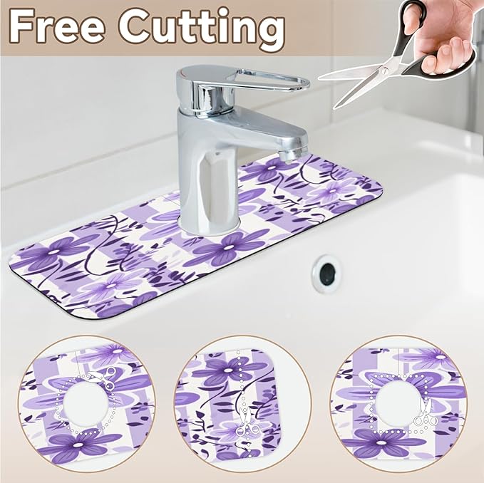 Purple Floral Stripe Kitchen Faucet Mat Splash Guard, 15.4”x5.7” Absorbent Quick Drying Sink Mat for Countertop Protection, Draining Mat Sink Protectors For Kitchen Bathroom, 2 Pack