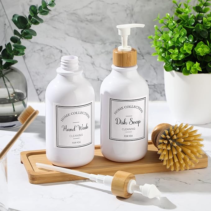 4 Pieces Kitchen Soap Dispenser Set 16 oz Dish Soap Dispenser with Bamboo Pump Soap Tray and Dish Brush Bathroom Soap Dispenser Set with Waterproof Labels for Hand Soap Dish Lotion (White)