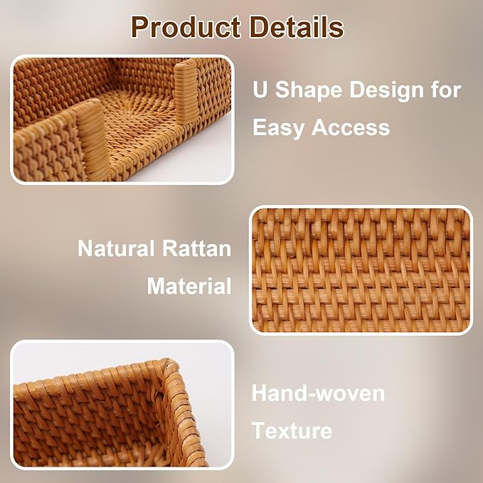 Shonmogar Guest Towel Holder, Rattan Napkin Holder, Wicker Bathroom Napkin Holder Tray, Flat Guest Towel Holder Tray for Toilet Table Restaurant, Honey Brown