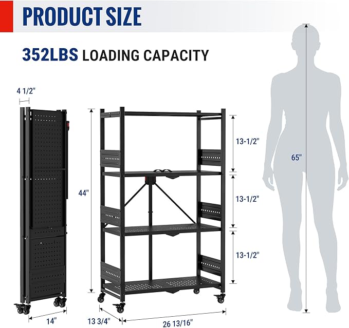 WORKPRO 4-Tier Folding Shelf, No-Assembly Metal Storage Rack with Wheels, 600 lbs Capacity (with Leveling Feet), Collapsible Shelving Unit for Kitchen, Pantry, Bathroom & Closet Organization