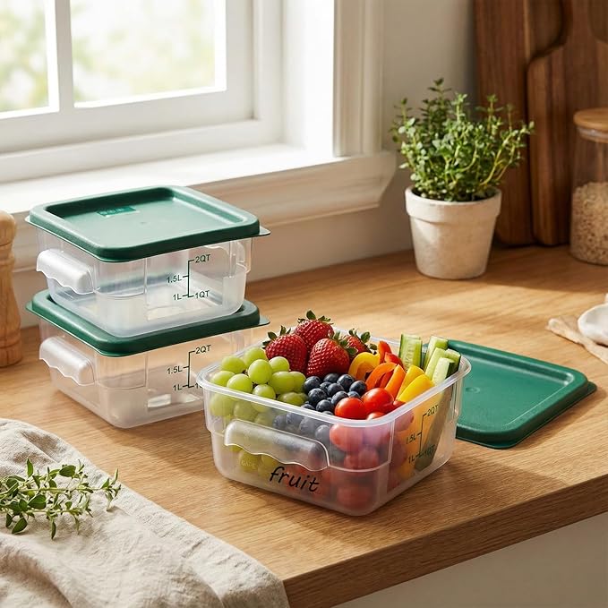 1 Pcs 2 Qt Square Food Storage Container with Lid, Clear Plastic Container with Lid and Scale in Green, Kitchen Organization Set for Home Kitchen, Restaurant Meal Prep