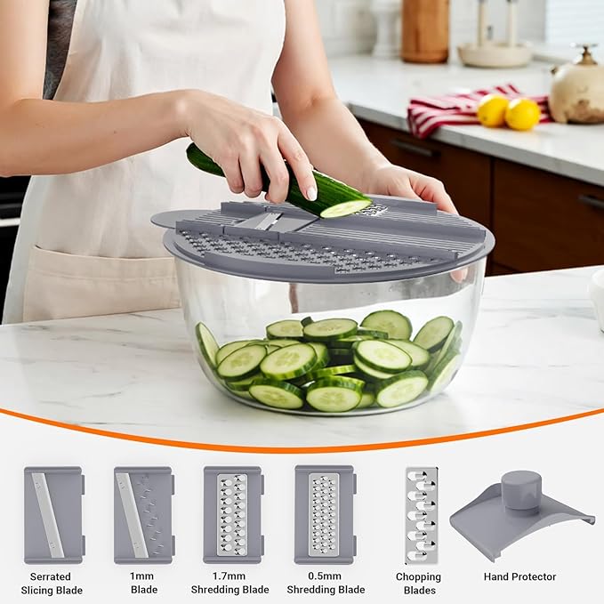 HomeHacks Salad Spinner Large Lettuce Spinner, Large Fruit Cleaner with Double Drainage Holes, 5 Chopping Blades, High Efficiency for Kitchen Washing & Drying Leafy Vegetables, Easy Press (Grey)