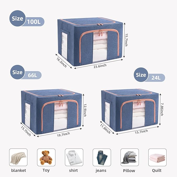 GuliPostan 3 Pack 24L Stackable Clothes Storage Bins with Metal Frame Handles & Zipper, Collapsible Closet Organizer Box with Lid for Bedding Blankets Towel (Navy)