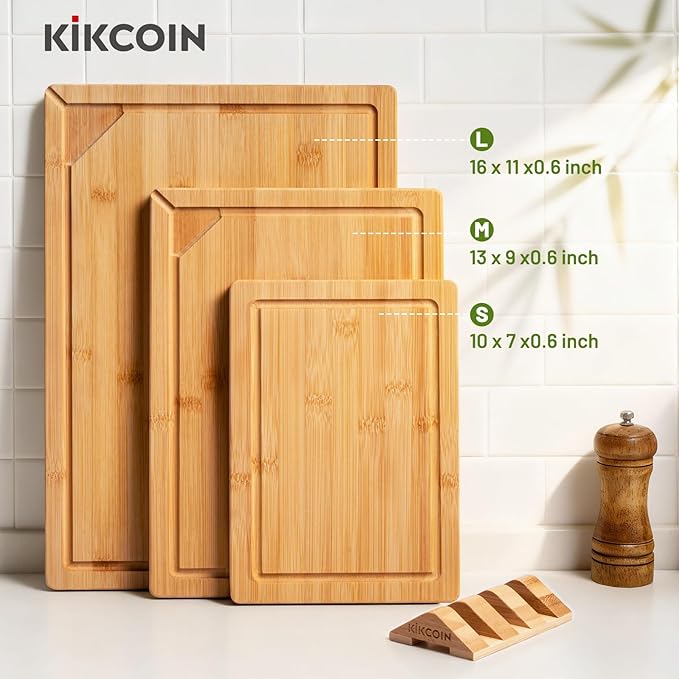 Kikcoin Bamboo Cutting Boards for Kitchen, 3 Piece Wood Cutting Board Set with Stand and Non-slip Feet, Knife Friendly Chopping Board with Juice Grooves, Serving Tray with Built-in Handles