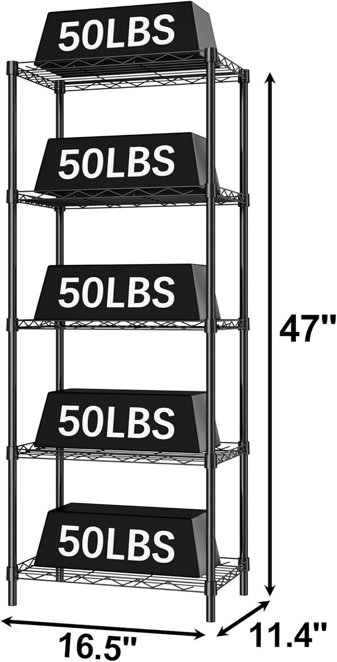 HOMEFORT 5-Tier Wire Shelving 5 Shelves Unit Metal Storage Rack Durable Organizer Perfect for Pantry Closet Kitchen Laundry Organization in Black, 16.5" W x 11.4" D x 47" H