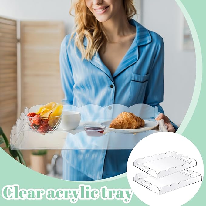 Tiangrid 2 Pack 16 x 12 Acrylic Clear Serving Trays with Handles, Scalloped Acrylic Decorative Tray Organiser for Display Food Ottoman Coffee Tables Kitchen Countertop Bathroom Makeup