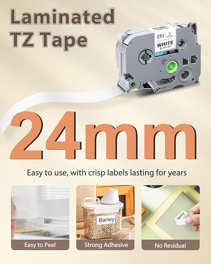 6-Pack TZe-251 24mm 0.94 Laminated White Tz Tape Replace for Brother Label Maker Tape 1 Inch TZe251 TZ-251 Compatible with Brother P Touch PT-D600 PT-D610BT PTP700 PTP710BT