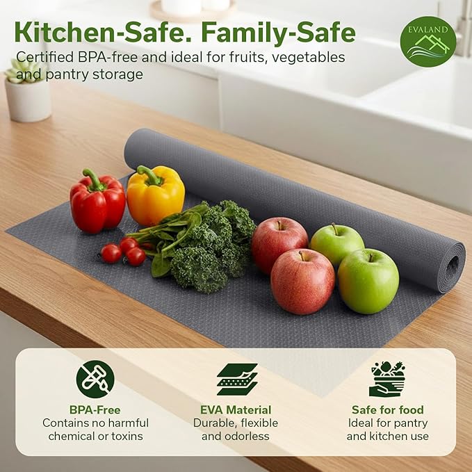 EVALAND Shelf Liners for Kitchen Cabinets Non-Adhesive 17.7" x 33 FT Grey Drawer Liner Non Slip, Washable Cabinet Liner, Waterproof Shelf Liners for Cabinets, Refrigerator Bathroom Pantry Cabinet Mat
