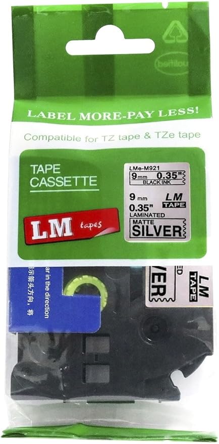 1/Pack LM Tapes - LMeM921 Premium 3/8" Black Print on Matte Silver Label Compatible with P-Touch TZe-M921 Tape and Includes Tape Color/Size Guide. Replaces TZ-M921 9mm 0.35 Laminated.