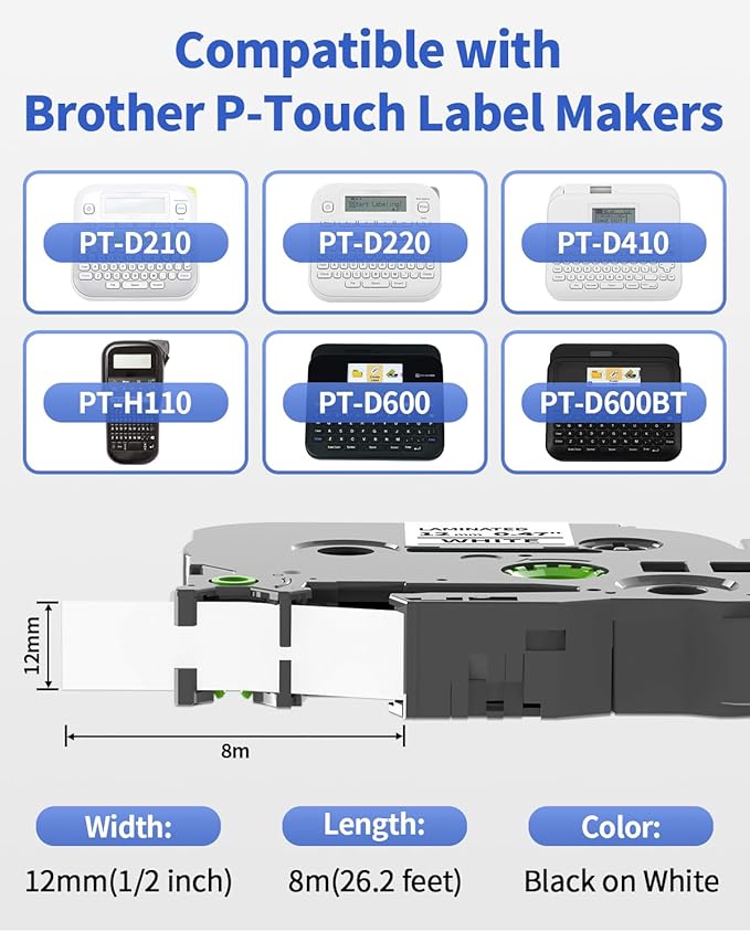4-Pack Label Maker Tape 12mm 0.47" White Replacement for Brother P Touch Label Tape TZe-231 TZ-231, Compatible with Brother Ptouch PT-D210 PT-H110 PT-D220 PT-D400,Black on White
