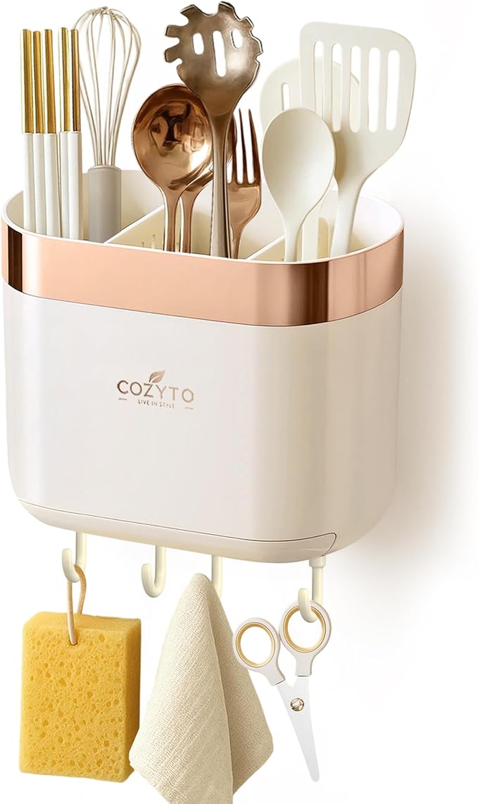 COZYTO LuxTray U1-Pro – Wall Mounted Kitchen Organizer with Hooks, Dividers & Drain Tray, No-Drill Adhesive, BPA-Free – Cream White with Rose Gold or Silver Accent (Cream White & Rose Gold)