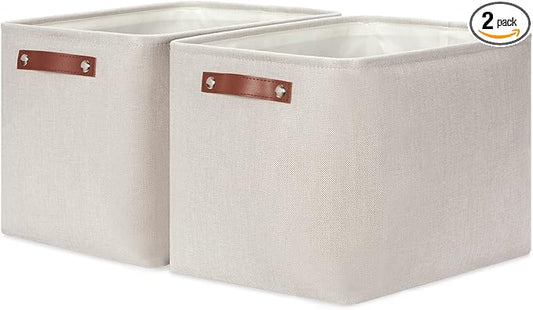 HNZIGE Large Canvas Baskets 16"×11.8"×11.8" Decorative Storage Bins with Leather Handles (2 Pack) Collapsible Rectangle Storage Baskets for Organizing Clothes, Toy, Books, Sundries, Tools(Cream)