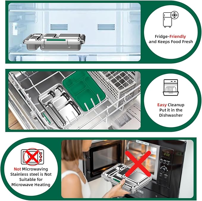 Stainless Steel Bento Box for Adults,31.6 oz Leakproof 5-Compartments Stainless Steel Bento Containers, Metal Lunch Box with 2 Container, Dishwasher Safe, Design for Office,Outdoor, BPA-Free Green