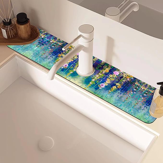 Abstract Watercolor Floral Kitchen Sink Splash Guard Mat Absorbent Fast Drying Mat Faucet Draining Mat Sink Splash Guard Behind Faucet Drip Catcher for Kitchen Bathroom 5.5"×24"