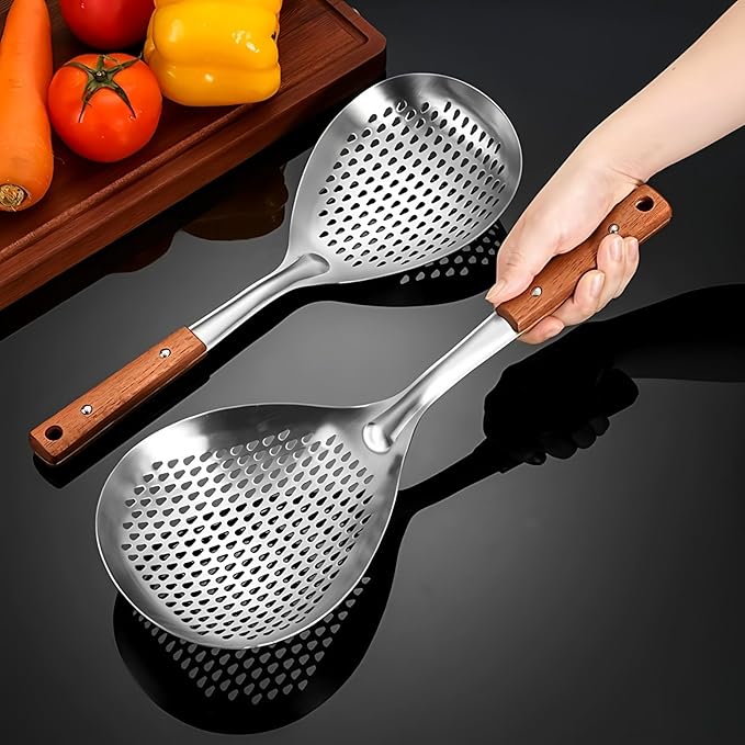 ANMIOU Spider Strainer Colander with Wood Handle, Solid Stainless Steel Kitchen Utensil for Cooking Frying Pasta Drainer