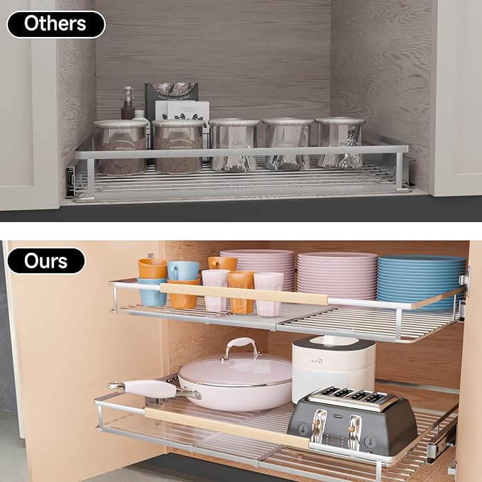 1Pack Expandable Pull Out Cabinet Organizer, Slide Out Drawers for Kitchen Cabinets, Heavy Duty Drawer Slides for Home Kitchen Pantry Cupboard Pots Pans, Adjustable Width 11.8"~18" W x 17.3''D