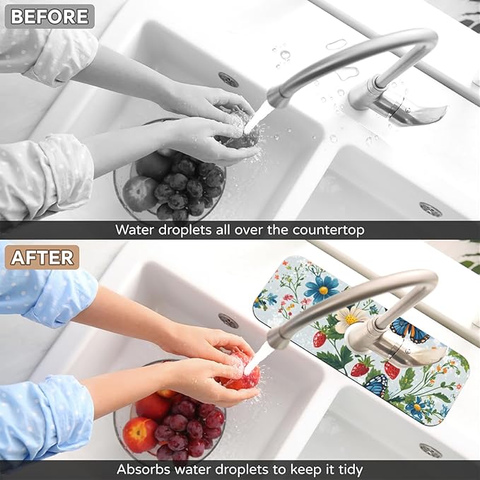 1 PC 15.4*5.7 Inch Absorbent Faucet Mat for Kitchen Butterfly Sink Splash Guard Fast Drying Kitchen Faucet Mat for Bathroom Kitchen