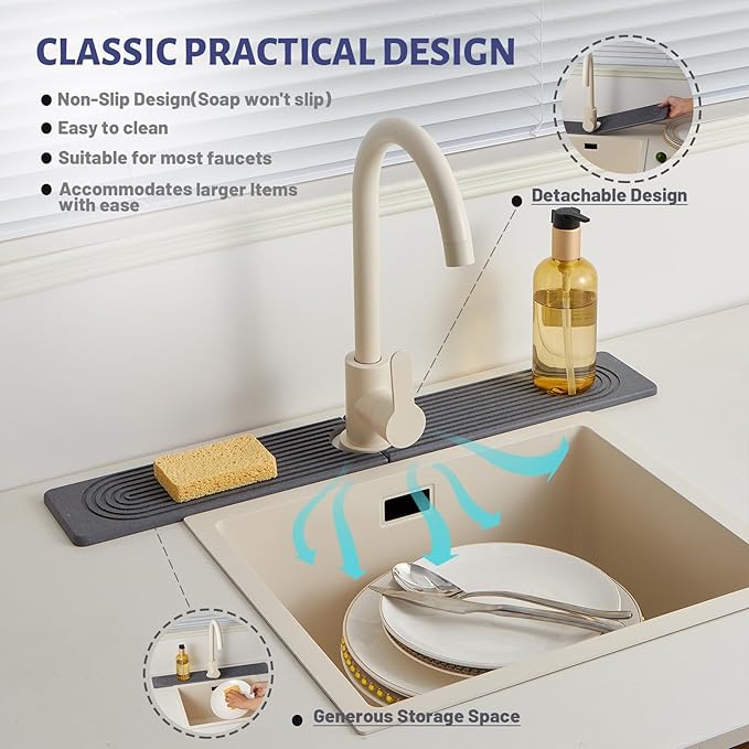 Stone Faucet Mat for Kitchen Sink，Super Absorbent Diatomite Fast Drying Stone and Bathroom Stone Tray for Counter Quick Drying Splash Guard,Prevents Moisture Buildup Sink(Dark Grey,23.6" x 3.9")