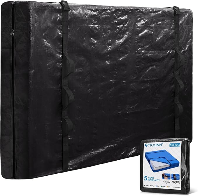TICONN Mattress Bags for Moving, Heavy Duty Cali King Mattress Cover Storage Bag with Full-Around Handle and Adjustable Buckles (Black, Cali King)