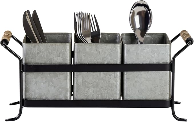 HOME PALETTE Silverware Caddy for Party Kitchen Flatware Holder for Countertop Farmhouse Galvanized Cutlery Organizer with 3 Compartments for Utensils, Spoons, Knives, Forks, Cups