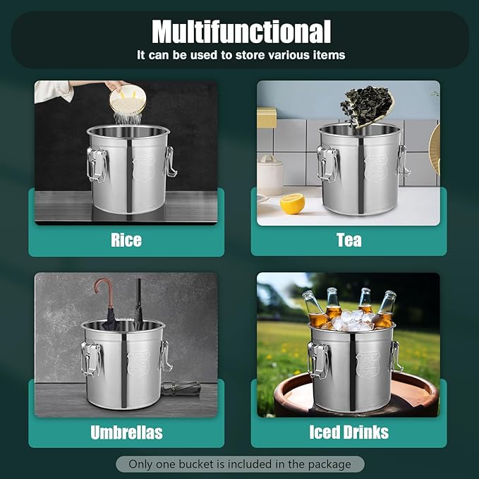 Stainless Steel Airtight Canister for Kitchen, 12L/3.17Gal Metal Food Storage Container Flour Bucket with Lid & Clamps, Bean Rice Cereal Canister Holder for Kitchen Restaurant, D11*H9.85in