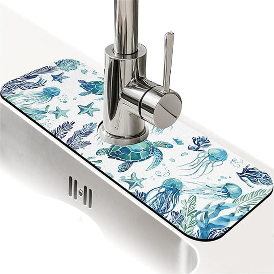 Kitchen Sink Splash Guard，Turtles and jellyfish Faucet Mat Sink Gadgets-Super Absorbent Fast Drying Mat Drip Catcher for Kitchen, Bathroom,Sink Mat, Dish Drying Mat, Bathroom(15" X 5.5" )