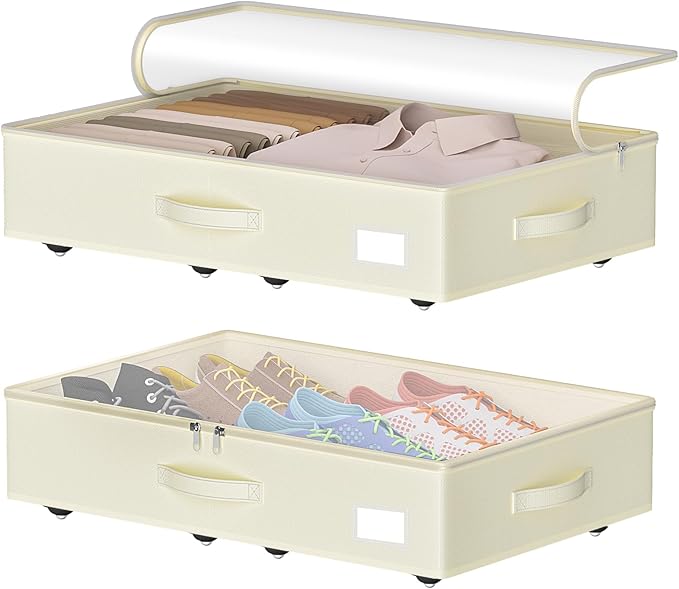 Under Bed Storage with Wheels, No Assemble Required 5.5 inches height beige under bed storage bins,Low Profile Rolling Underbed Shoe Storage containers，dorm underbed storage drawers