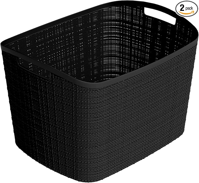 Curver Set of 2 XL 30.5L Jute Decorative Plastic Organization and Storage Baskets - Perfect Bins for Home Office, Closet Shelves, Kitchen Pantry and All Bedroom Essentials, Black