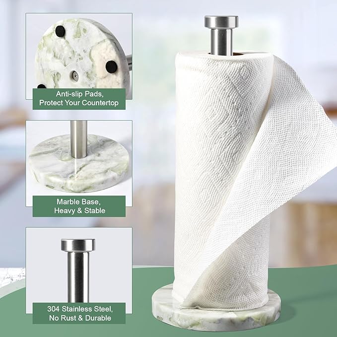 Koville African Marble Paper Towel Holder Countertop, 6" Stone Base Gold Rod Paper Towel Holder Stand for Kitchen Storage, for Standard or Jumbo-Sized Rolls