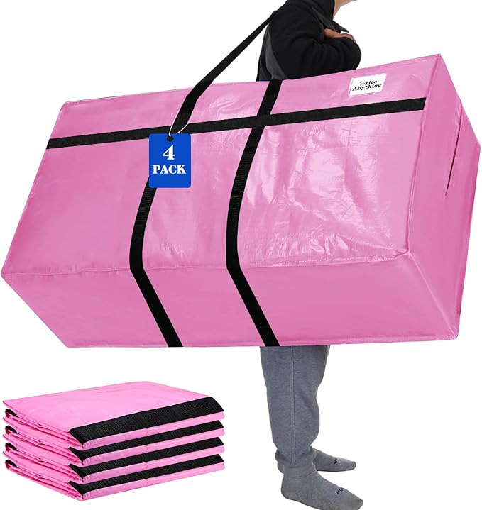 Windyun 4 Pack 69 Gallon Extra Large Moving Bags XXL Heavy Duty Storage Bag with Strong Zipper Handle Jumbo Big Tote Box Foldable for College Dorm Travel Clothes Duffle Blanket Pillow(Pink)