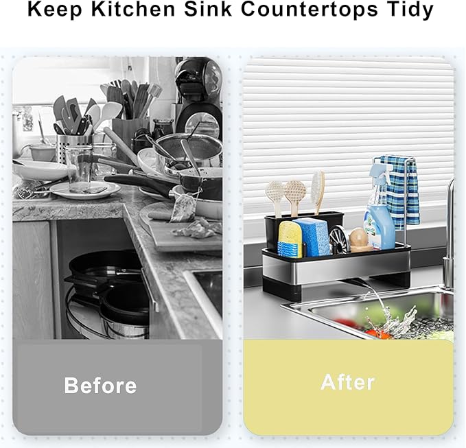 Sponge Holder for Kitchen Sink, Stainless Steel Sink Caddy with Brush Holder, Dishcloth Rack and Holds Soap Dispenser, Auto-Drain Rustproof Countertop Organizer (Black)