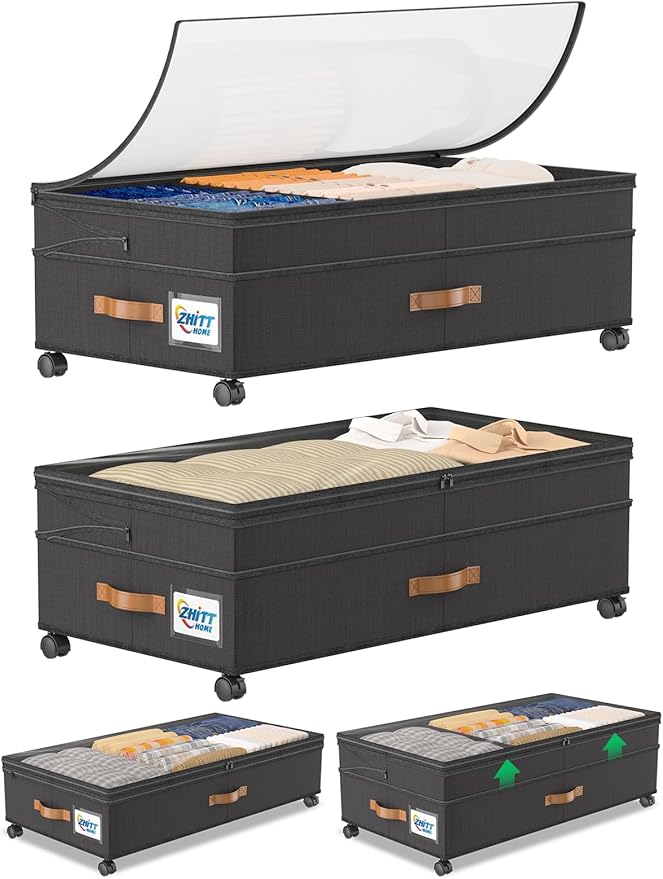 Under Bed Storage with Wheels, 2-Pack Upgraded Scalable Under Bed Storage Containers with Transparent Lids, Underbed Storage Organizer Rolling Bins for Shoes Clothes Sheet - Expandable Max