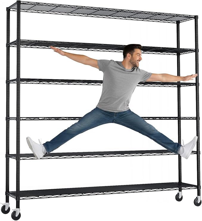 VINGLI 6 Tier Metal Storage Shelves 84''H Wire Shelving with Wheels for Storage Adjustable Heavy Duty Garage Shelving Storage Racks for Pantry Shelves Kitchen Office Garage, 84''H X59''W X17''D