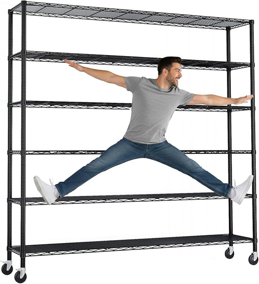 VINGLI 6 Tier Metal Storage Shelves 84''H Wire Shelving with Wheels for Storage Adjustable Heavy Duty Garage Shelving Storage Racks for Pantry Shelves Kitchen Office Garage, 84''H X59''W X17''D