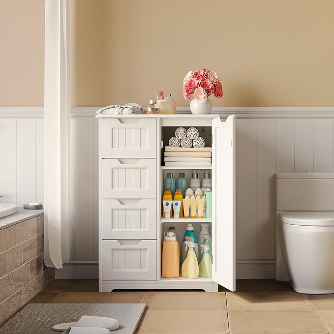 Gizoon Small Pantry with Door and Shelves, 33'' Kitchen Pantry Storage Cabinet Freestanding Wooden Bathroom Storage Cabinet with 4 Drawers for Kitchen and Dining Room, White
