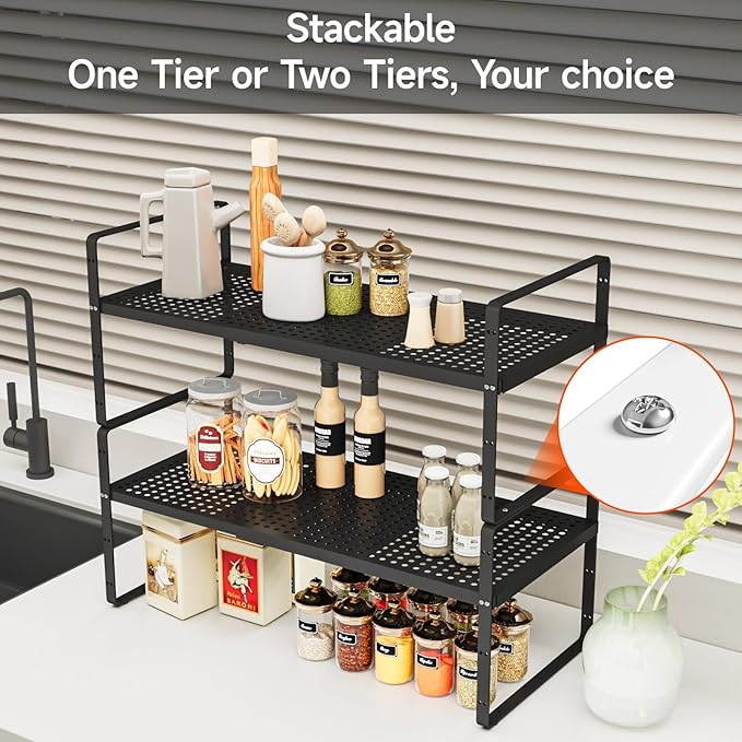 DPZM 2Pack 16.5-27’’L Expandable Cabinet Countertop Shelf Organizer, Stackable Metal Shelves, Kitchen Organizers and Storage, Black Storage Spice Rack for Pantry and Cupboard