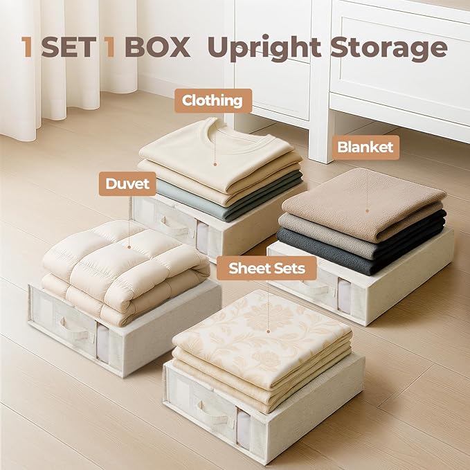 8Pack Linen Sheet Organizers for Linen Closet - King/Queen Size Bedding Storage Boxes with Clear Window | Foldable, Dustproof Sheet Storage Organizer for Blankets & Sheet Sets,Off-white