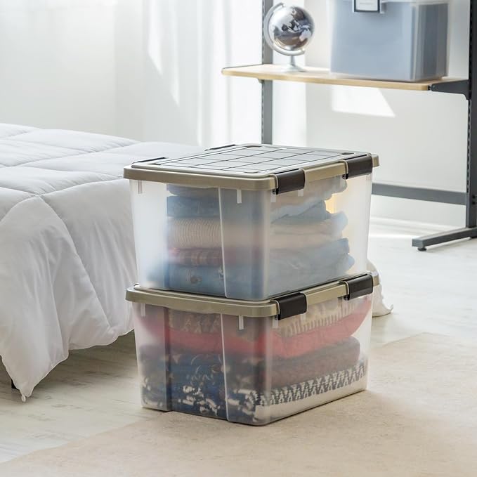 IRIS USA 44 Qt Storage Bins with Gasket Seal Lid, 2 Pack - BPA-Free, Heavy Duty Moving Containers Tight Latch, Weather Proof Tote, WEATHERPRO - Clear/Chrome