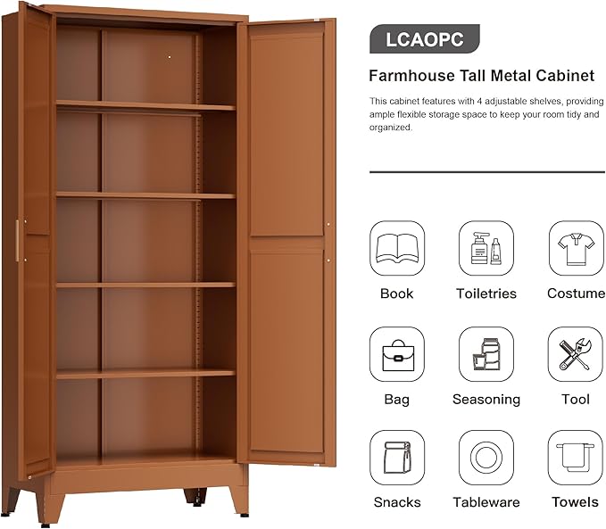 LCAOPC 71" Tall Metal Storage Cabinet with 2 Doors and 4 Adjustable Shelves, 5-Tier Kitchen Pantry Storage Cabinet for Kitchen, Living Room, Dining Room and Office, Brown