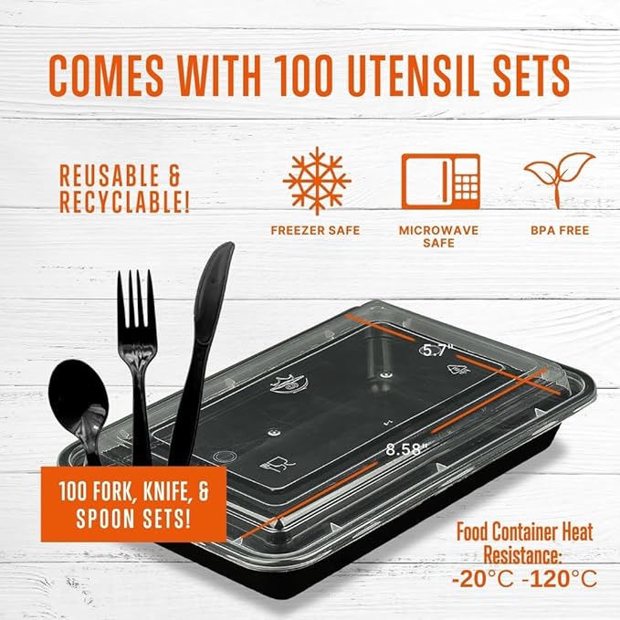 SQUATZ 100 Meal Prep Containers 33oz Reusable with Lid, Sturdy Leakproof & Food Safe, Microwave, Freezer, Dishwasher Safe Food Prep Containers To Go Take Out Plastic Storage BPA-Free Includes Utensils