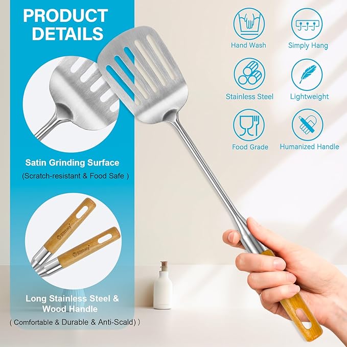 Stainless Steel Cooking Utensils Set with Wooden Handle, 7 Pcs Long Kitchen Utensil Set Stainless Steel, Heat Resistant Metal Spatula Set for Cooking with Turners, Skimmer, Ladle, Pasta Fork