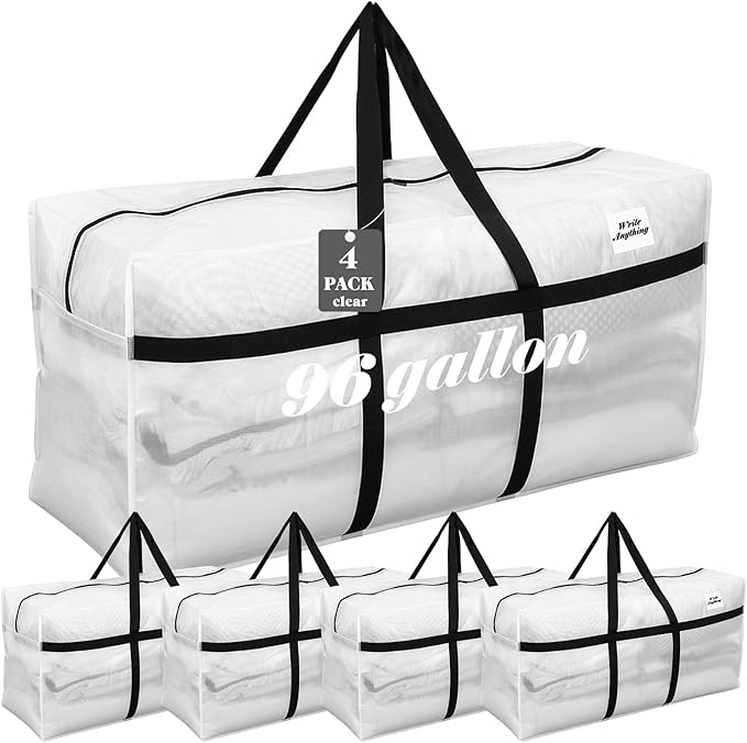 4 Pcs 96 Gallon Extra Large Moving Bags Heavy Duty Storage Bag with Strong Zipper Handle Foldable XXL Jumbo Storage Tote Packing Moving Box for College Dorm Travel Cloth Duffle (Clear)